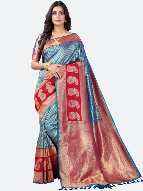 

Satrani Blue & Red Floral Zari Silk Blend Saree