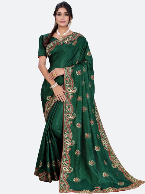 

Satrani Green & Gold-Toned Floral Embroidered Saree