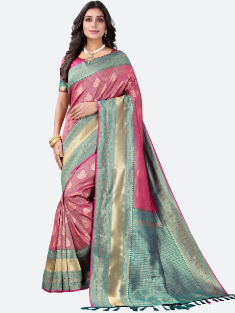 

Satrani Green & Pink Floral Zari Silk Blend Banarasi Saree