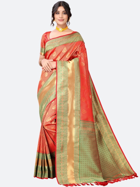 

Satrani Red & Green Floral Zari Silk Blend Banarasi Saree