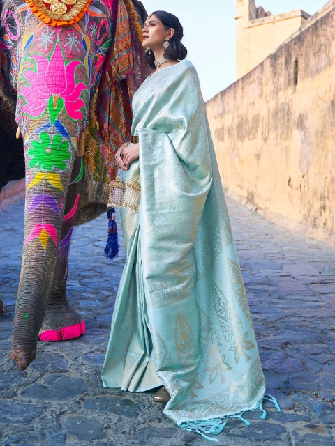 

Saree mall Turquoise Blue & Gold-Toned Ethnic Motifs Silk Blend Banarasi Sarees