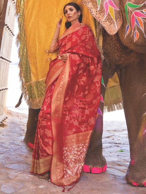 

Saree mall Red & Gold-Toned Ethnic Motifs Woven Design Saree