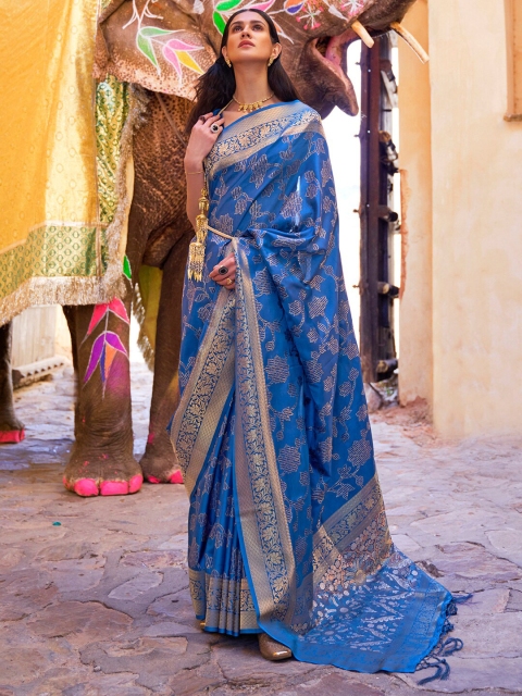 

Saree mall Teal & Golden Ethnic Motifs Silk Blend Banarasi Sarees