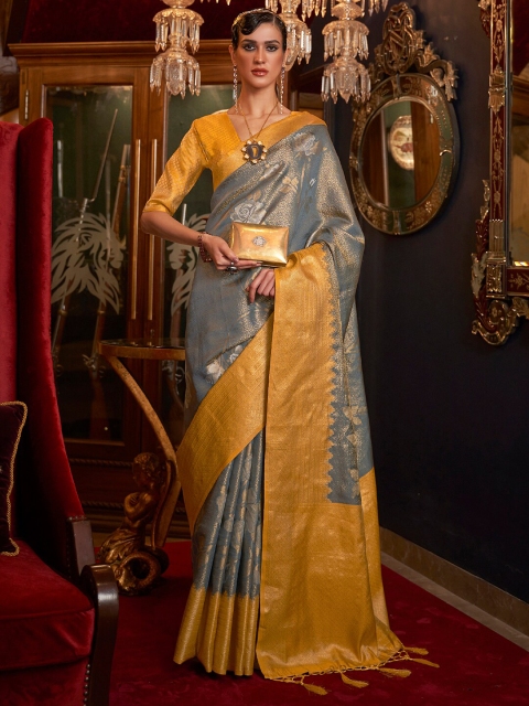 

Saree mall Grey & Yellow Floral Silk Blend Banarasi Sarees