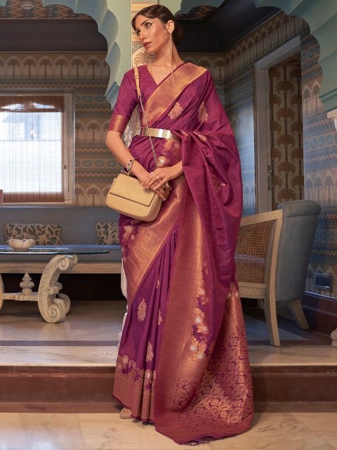 

Saree mall Purple & Gold-Toned Floral Silk Blend Banarasi Sarees