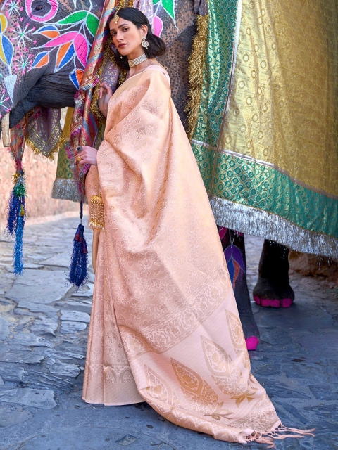 

Saree mall Cream-Coloured & Gold-Toned Ethnic Motifs Silk Blend Banarasi Sarees