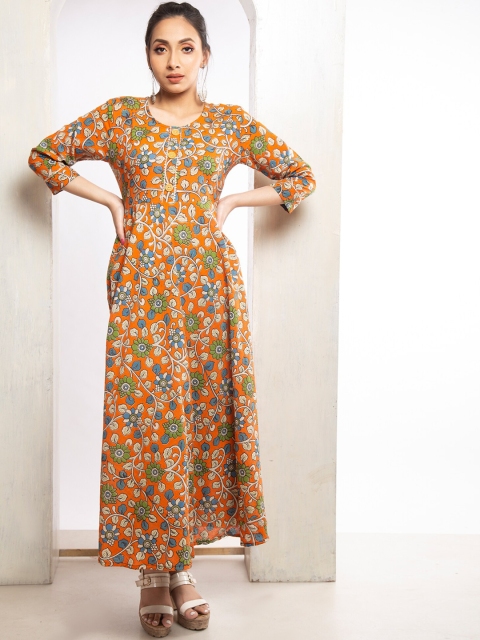 

Unnati Silks Women Orange Floral Printed Thread Work Floral Handloom Anarkali Kurta