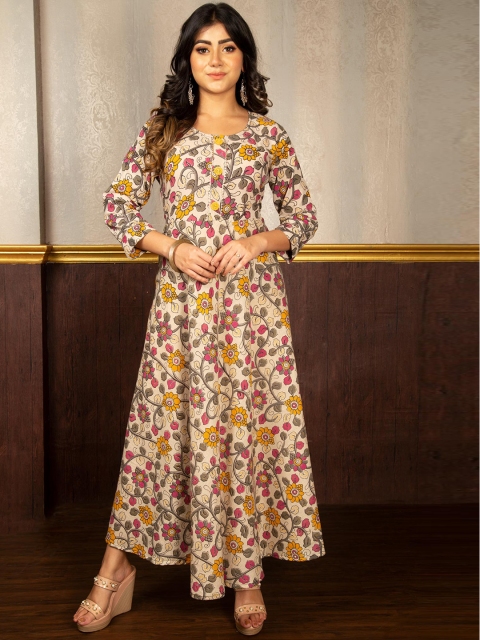 

Unnati Silks Women Cream-Coloured Floral Printed Handloom Anarkali Kurta