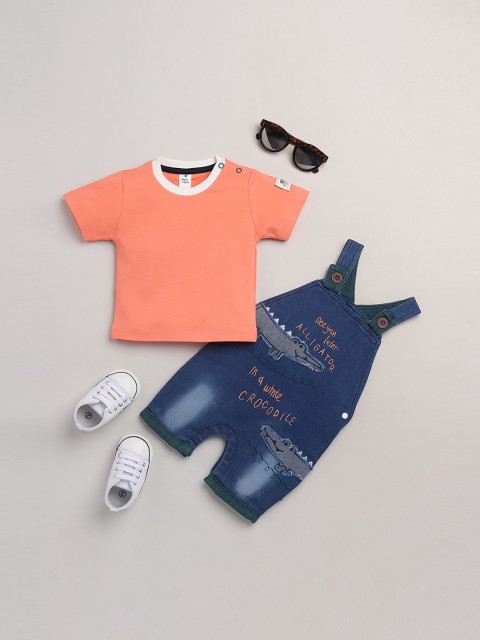 

BRATS AND DOLLS Boys Blue & Peach Colored Printed Dungarees With T-shirt