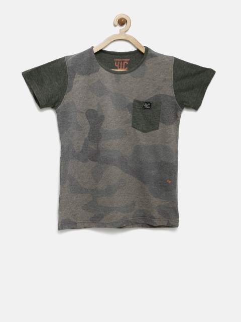 

YWC Boys Grey & olive Green Printed Round Neck T-shirt