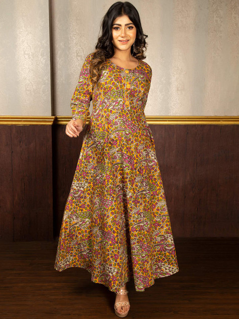 

Unnati Silks Women Yellow Floral Printed Floral Handloom Anarkali Kurta