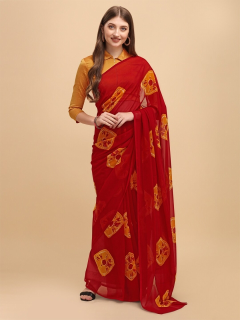 

Sangria Maroon & Yellow Bandhani Printed Saree