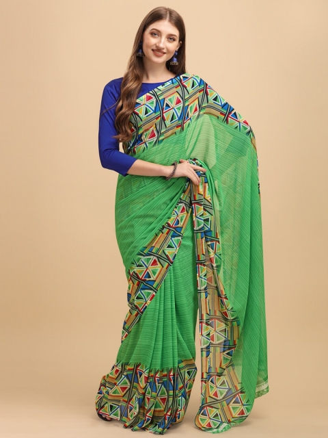 

Sangria Green & Multicoloured Geometric Printed Georgette Saree