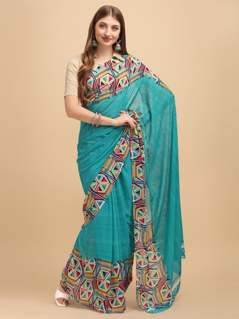 

Sangria Blue & Multicoloured Geometric printed Georgette Saree