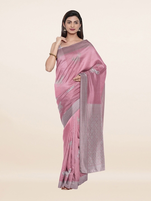 

Pothys Pink & Silver-Toned Woven Design Art Silk Saree