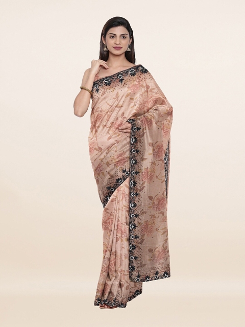 

Pothys Peach-Coloured & Black Floral Embellished Poly Georgette Saree