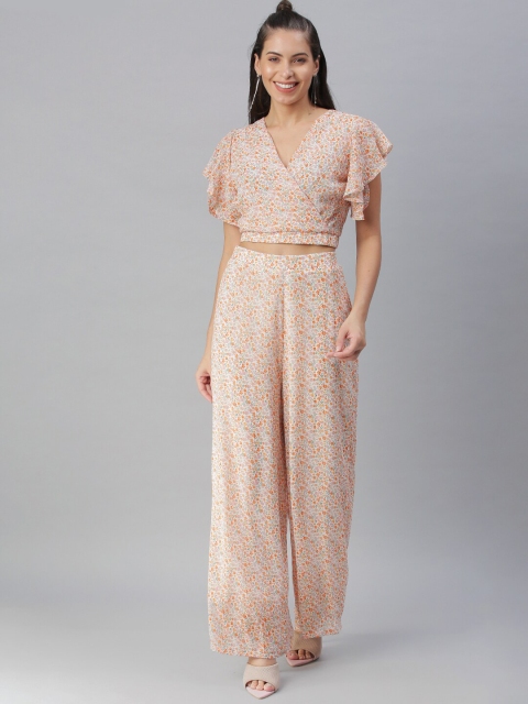 

SHOWOFF Women Off-White & Orange Floral Printed Co-Ords
