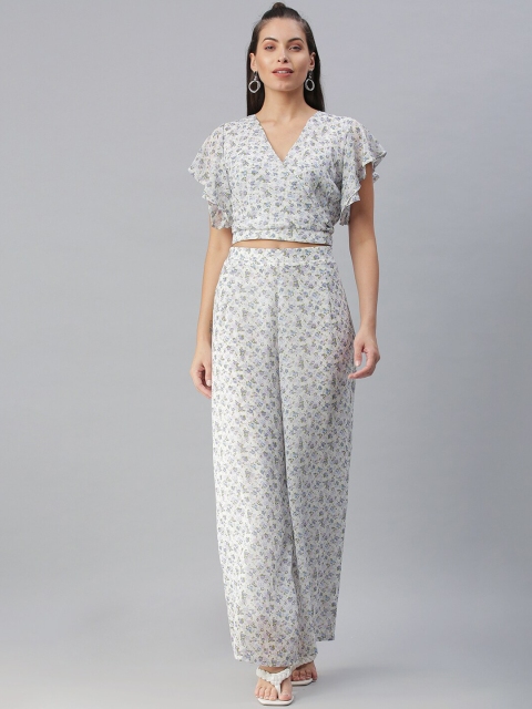 

SHOWOFF Women Off-White & Blue Printed Co-Ords
