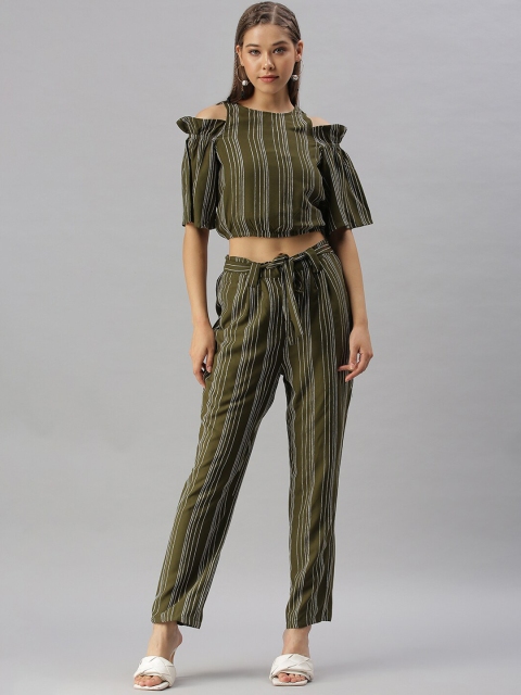 

SHOWOFF Women Olive Green & White Striped Co-Ords