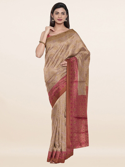

Pothys Cream-Coloured & Pink Woven Design Pure Silk Heavy Work Saree