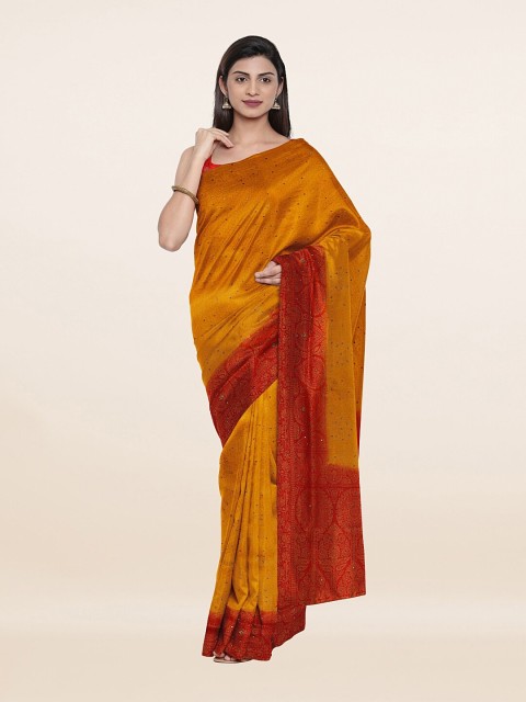 

Pothys Yellow & Golden Ethnic Motifs Beads and Stones Pure Silk Saree