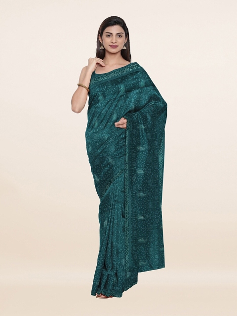 

Pothys Green & Silver-Toned Floral Embroidered Saree