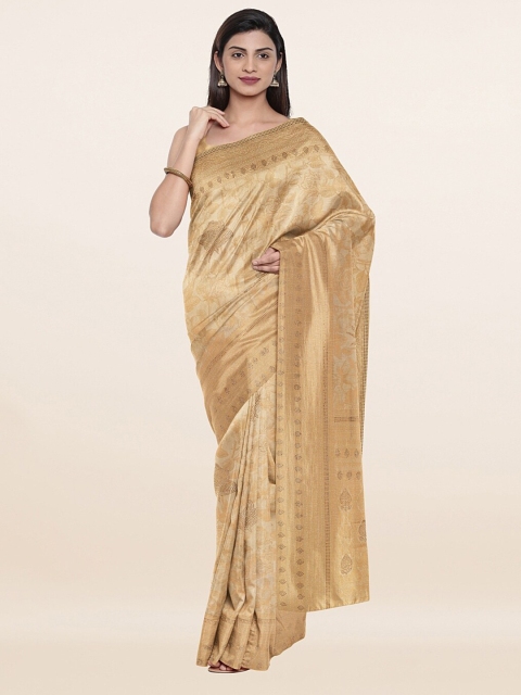

Pothys Cream-Coloured & Golden Floral Beads and Stones Pure Silk Saree