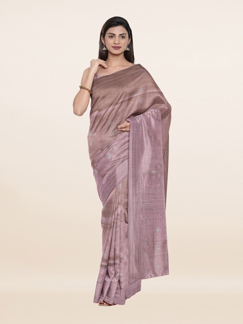 

Pothys Lavender & Silver-Toned Embellished Beads and Stones Pure Silk Saree