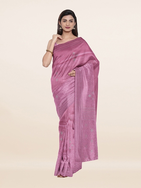 

Pothys Pink & Silver-Toned Embellished Beads and Stones Pure Silk Saree