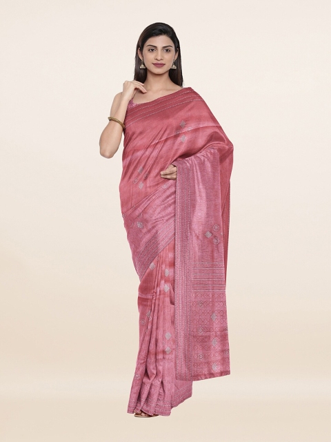 

Pothys Pink & Silver-Toned Floral Zari Pure Silk Saree