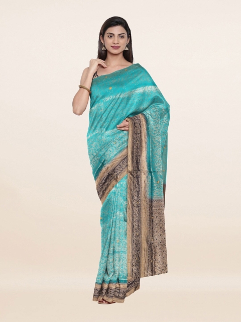 

Pothys Blue & Gold-Toned Woven Design Embellished Pure Silk Banarasi Saree