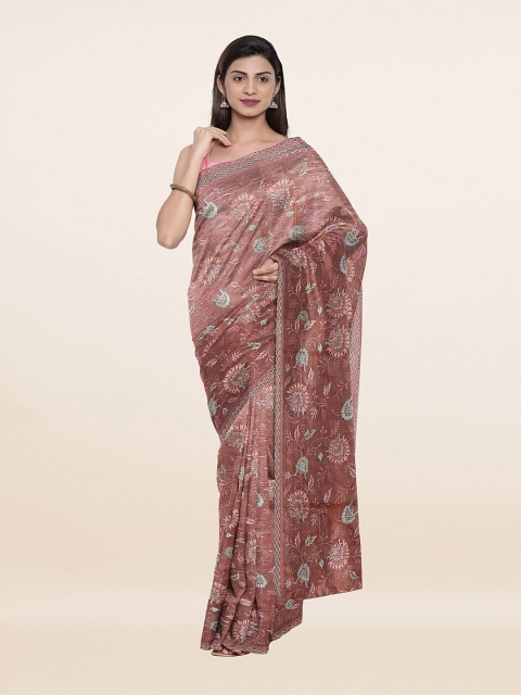 

Pothys Peach-Coloured & Blue Floral Embroidered Saree