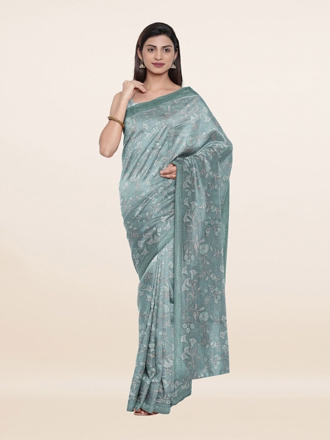 

Pothys Blue & Silver-Toned Floral Embroidered Saree