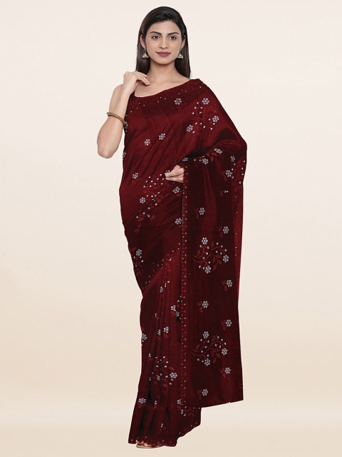 

Pothys Maroon & Silver-Toned Embellished Beads and Stones Saree