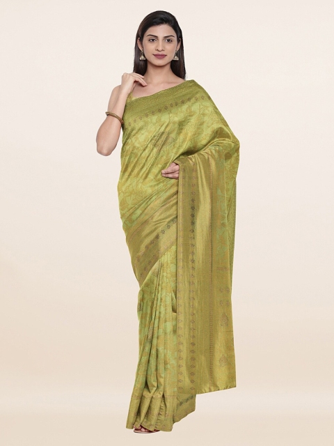 

Pothys Green & Gold-Toned Woven Design Embellished Pure Silk Banarasi Saree