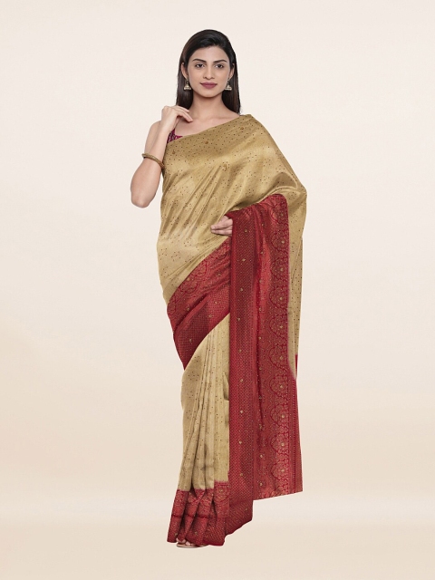 

Pothys Cream-Coloured & Maroon Woven Design Embellished Pure Silk Banarasi Saree