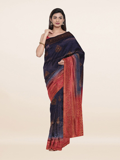 

Pothys Blue & Gold-Toned Woven Design Beads and Stones Pure Silk Saree