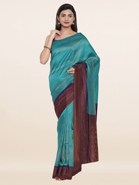 

Pothys Blue & Gold-Toned Woven Design Embellished Pure Silk Banarasi Saree