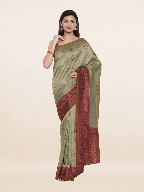 

Pothys Blue & Gold-Toned Woven Design Embellished Pure Silk Banarasi Saree