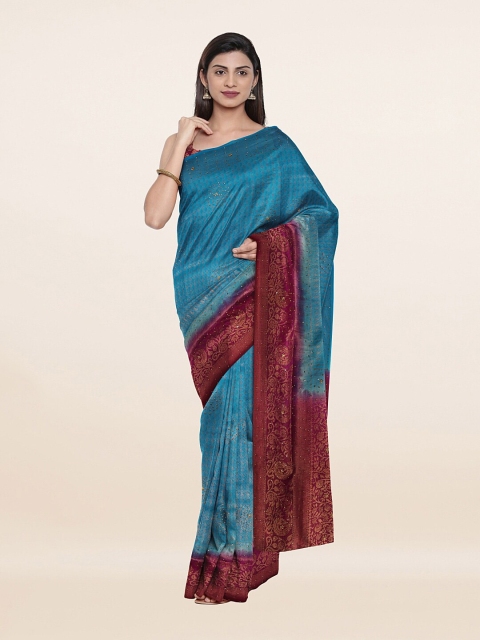 

Pothys Blue & Gold-Toned Woven Design Embellished Pure Silk Banarasi Saree