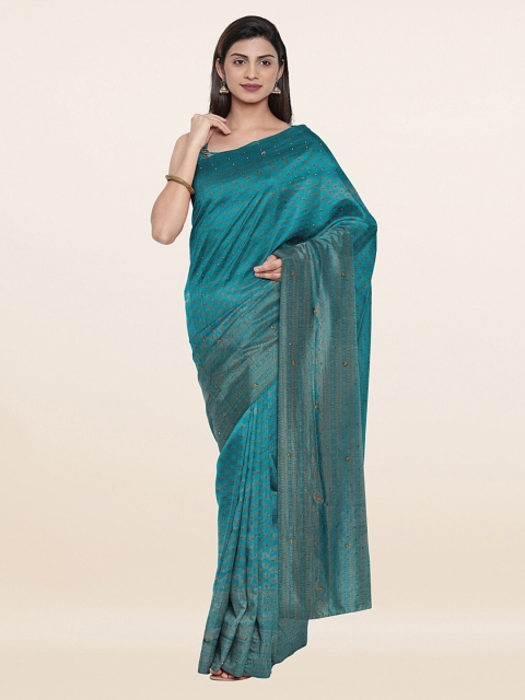 

Pothys Blue & Gold-Toned Woven Design Embellished Pure Silk Banarasi Saree