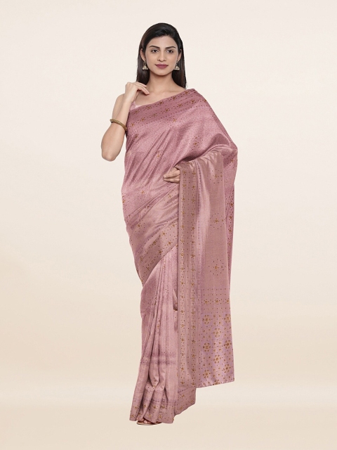 

Pothys Lavender & Gold-Toned Woven Design Embellished Pure Silk Banarasi Saree