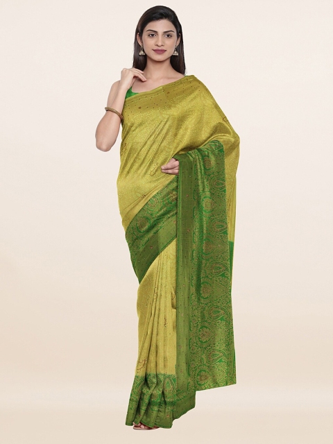 

Pothys Green & Gold-Toned Woven Design Embellished Pure Silk Banarasi Saree