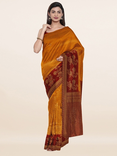 

Pothys Mustard & Maroon Woven Design Embellished Pure Silk Banarasi Saree