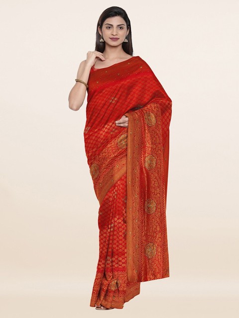 

Pothys Red & Gold-Toned Ethnic Motifs Beads and Stones Pure Silk Banarasi Saree