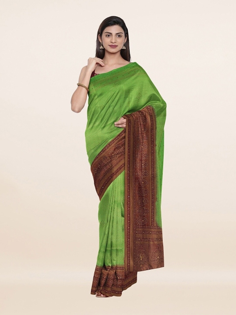 

Pothys Green & Maroon Ethnic Motifs Beads and Stones Pure Silk Banarasi Saree