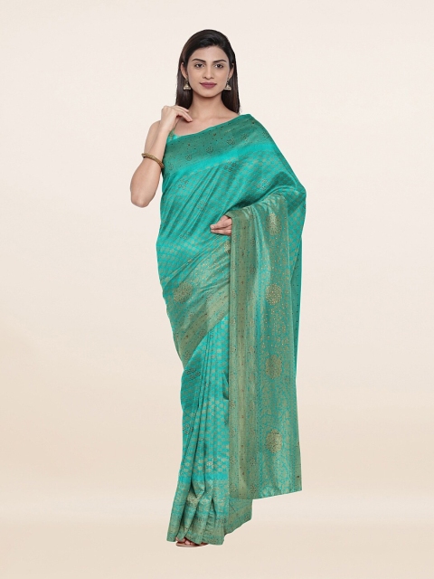 

Pothys Green & Gold-Toned Woven Design Beads and Stones Pure Silk Saree