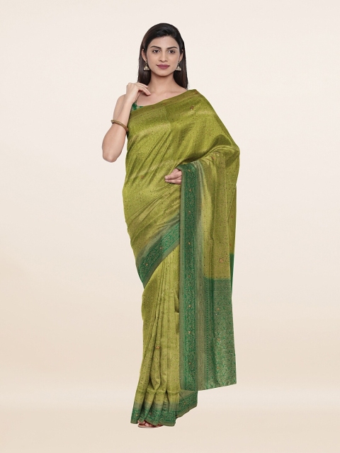 

Pothys Green & Gold-Toned Ethnic Motifs Beads and Stones Pure Silk Banarasi Saree