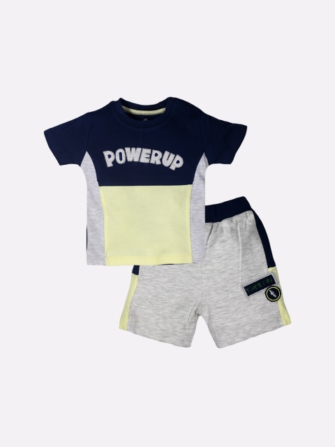 

BABY GO Boys Navy Blue & Grey Melange Colourblocked T-shirt with Shorts