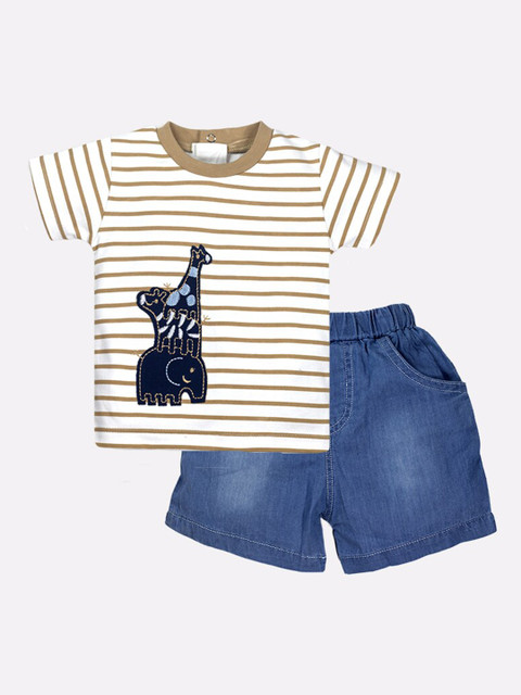 

BABY GO Boys Beige Printed T-shirt with Shorts